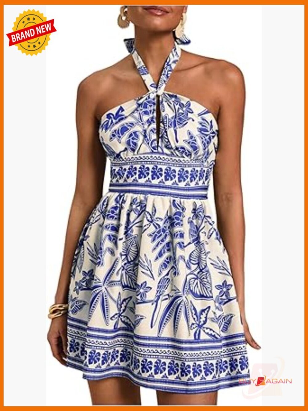 Tropical Halter Backless Sundress Sleeveless A-Line Casual Summer Dress